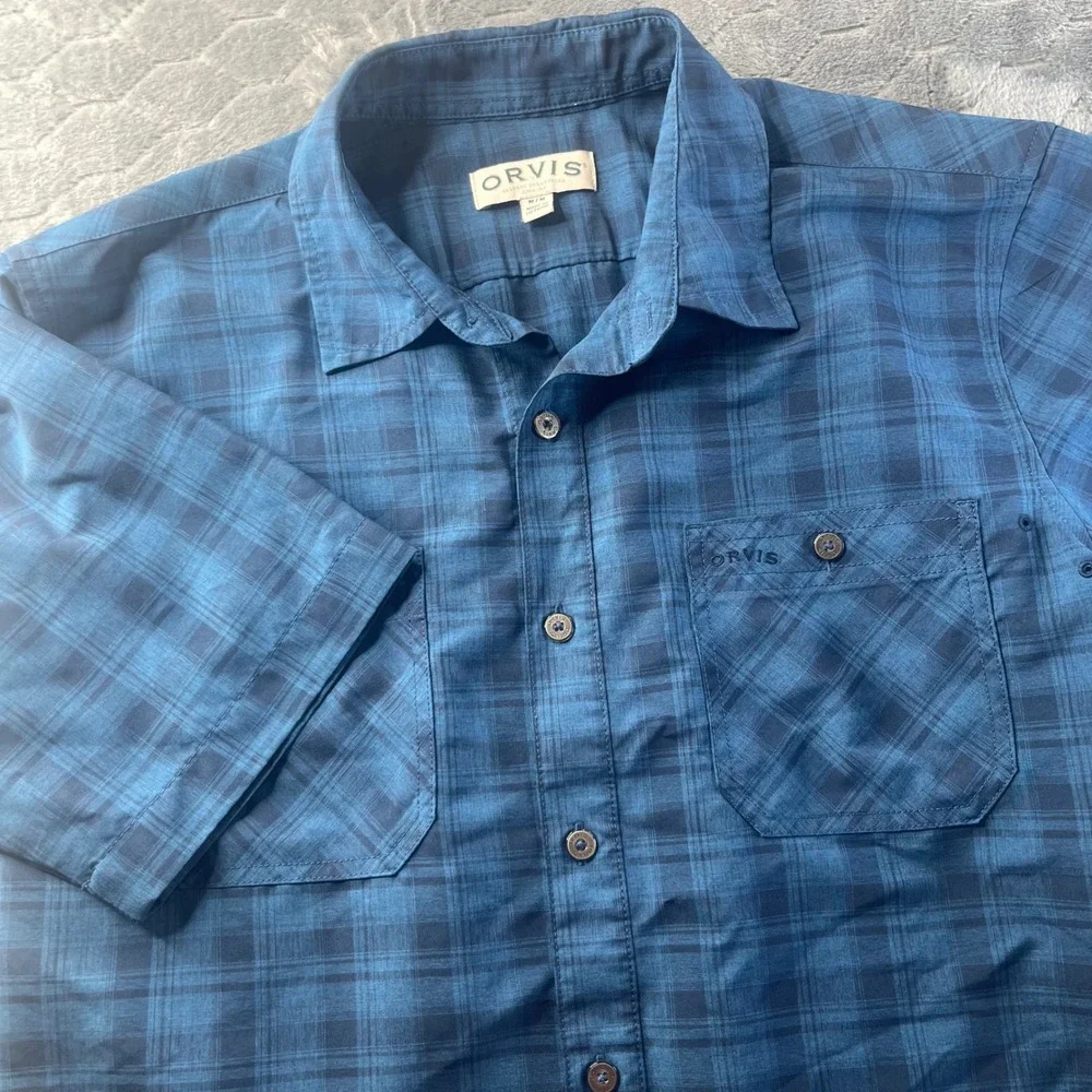 Orvis Button Down Shirt Mens M Blue Excellent Plaid Short Sleeve Polyester